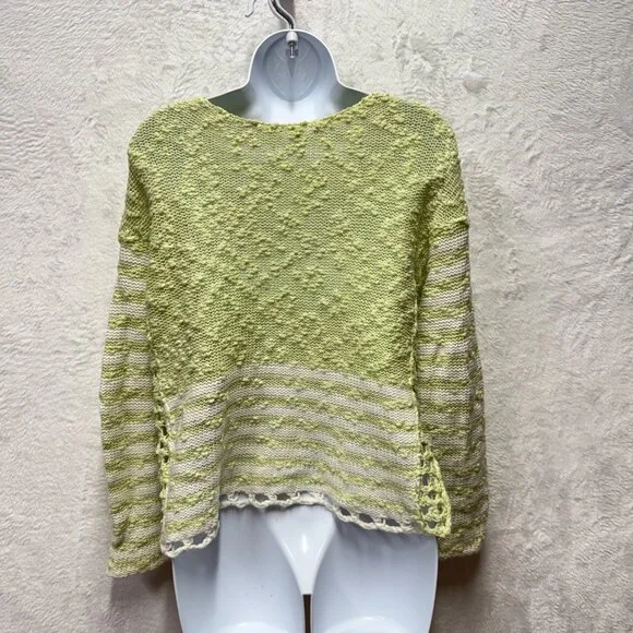 Free People Open Knit Sweater Women XS Green White Striped Loose Textured Cotton - Picture 6 of 12